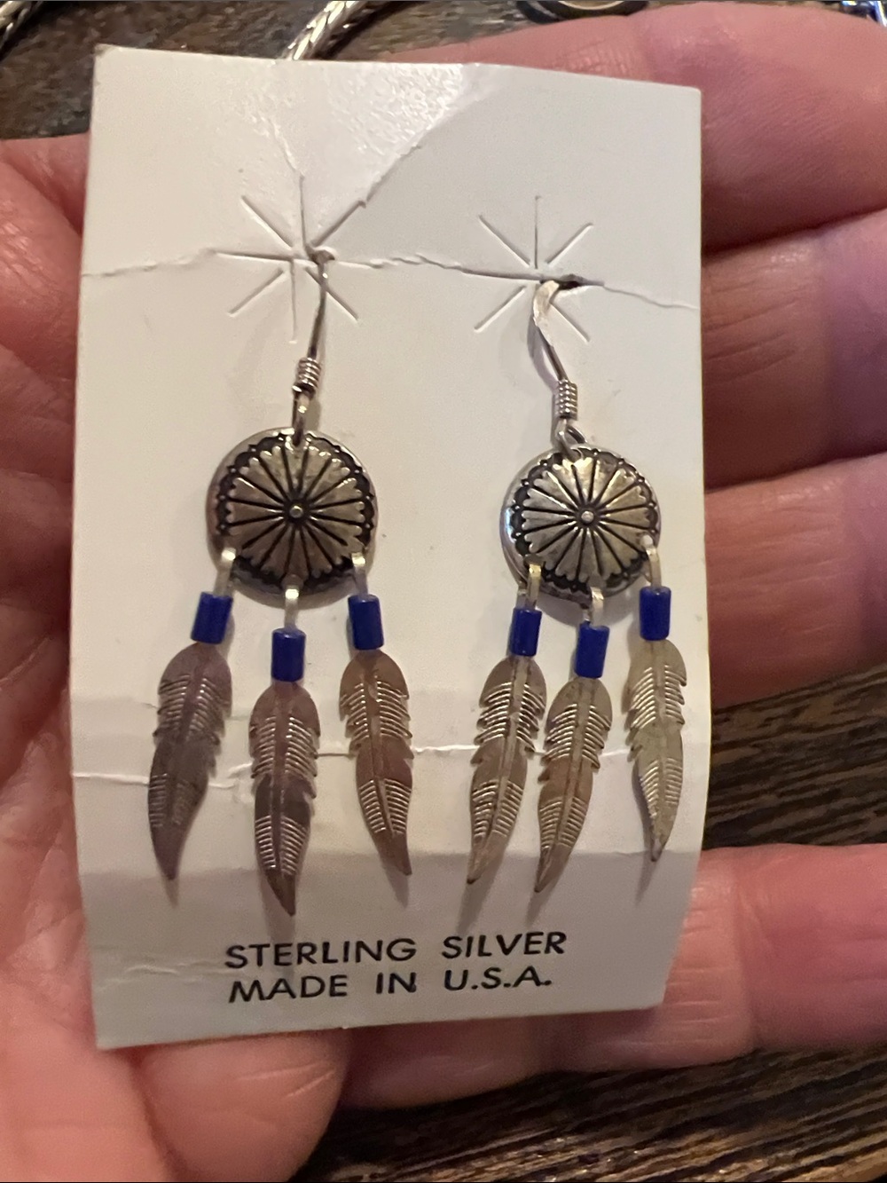 Vintage Sterling Silver Southwest feather dangling earrings